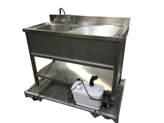 Plonge inox 1200x600mm avec 1 bac à gauche et égouttoir à droite + + pompe de relevage
