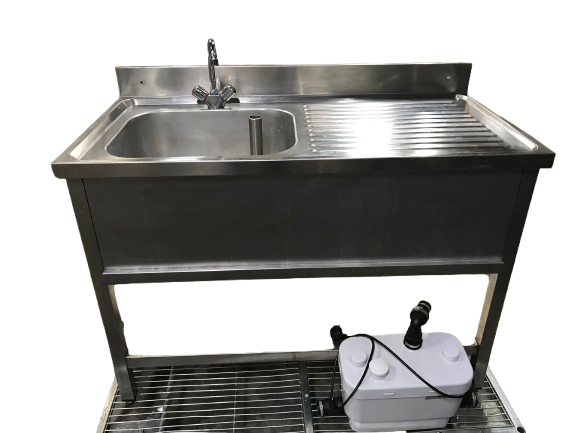 Plonge inox 1200x600mm avec 1 bac à gauche et égouttoir à droite + + pompe de relevage